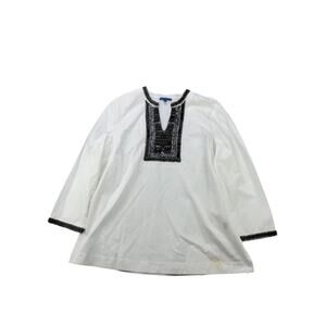 Womens RSVP By Talbots Beaded V Neck Long Sleeve Shirt Size XL White & Brown